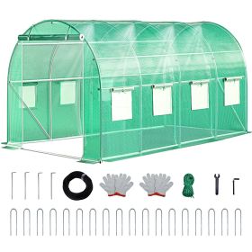 Walk-in Tunnel Greenhouse with Watering System Heavy Duty Portable Green House Protect Gardening Plants 1 Zipper Mesh Door, 8 Roll-up Windows (Color: green, size: 20ft)