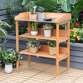 Garden Wooden Potting Bench Work Station with Hook (Color: as show)